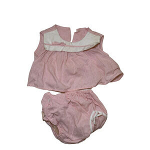 Vintage Pink Gingham Baby Girl Dress Set Top and Bloomers White Collar Bib Era